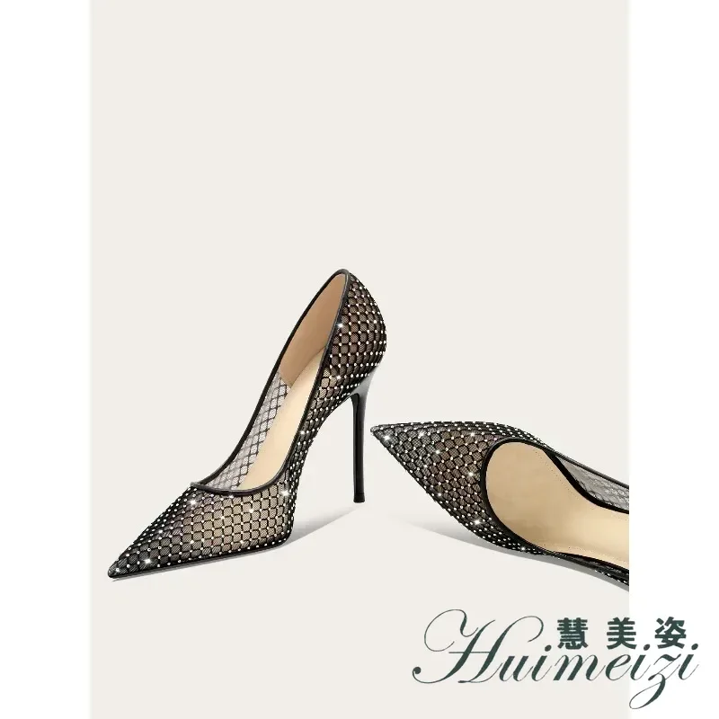 HMZ 2027 Elegant Black Fishnet High Heels Women Unique Design Pointed Toe Party Shoes