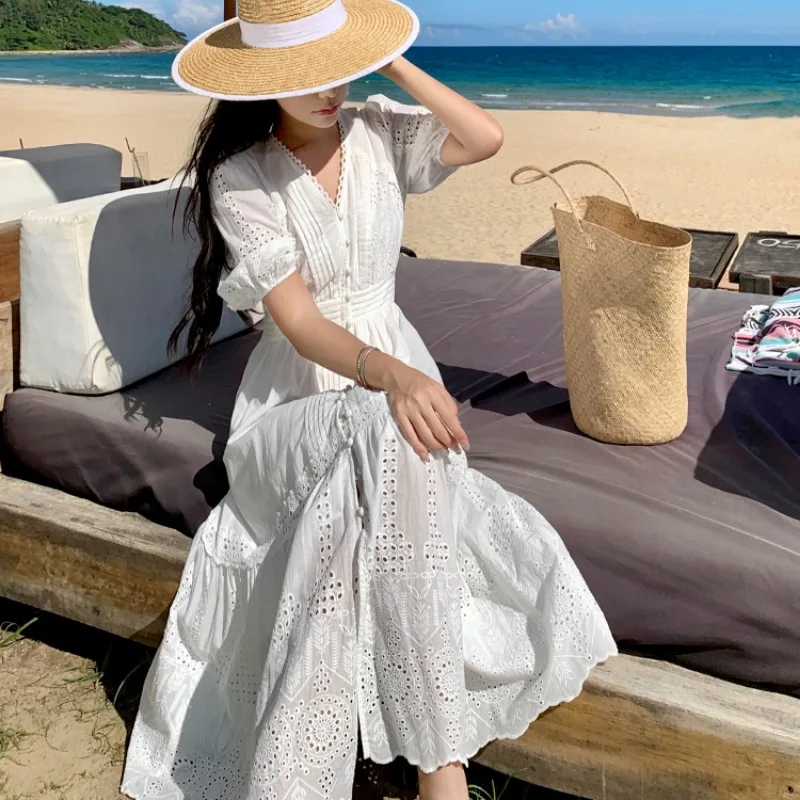 Boho White Single-breast Dress Women Summer Vintage Women's Clothing V-neck Puff Sleeve Elegant Dress Bodycon Hollow Out