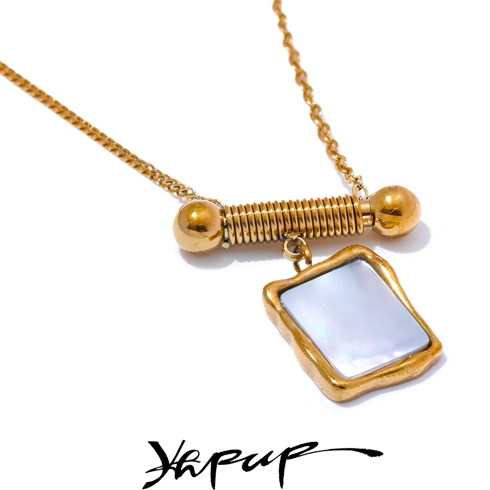 Yhpup rectangular natural shell pendant necklace gold stainless steel