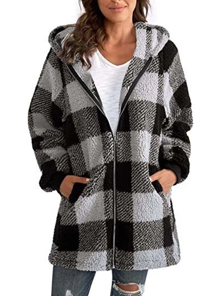 2023 herbst Winter Plaid Faux Pelzmantel Frauen Teddy Mantel Mit Kapuze Jacken Weibliche Pelzigen Teddy Bär Plüsch Jacke Frauen