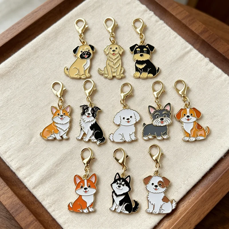 11Pcs Cute Cartoon Dog Keychains Alloy Enamel Puppy Charms, Corgi Husky Poodle Bulldog Schnauzer Bag Purse Backpack Car Key Pend - view 5