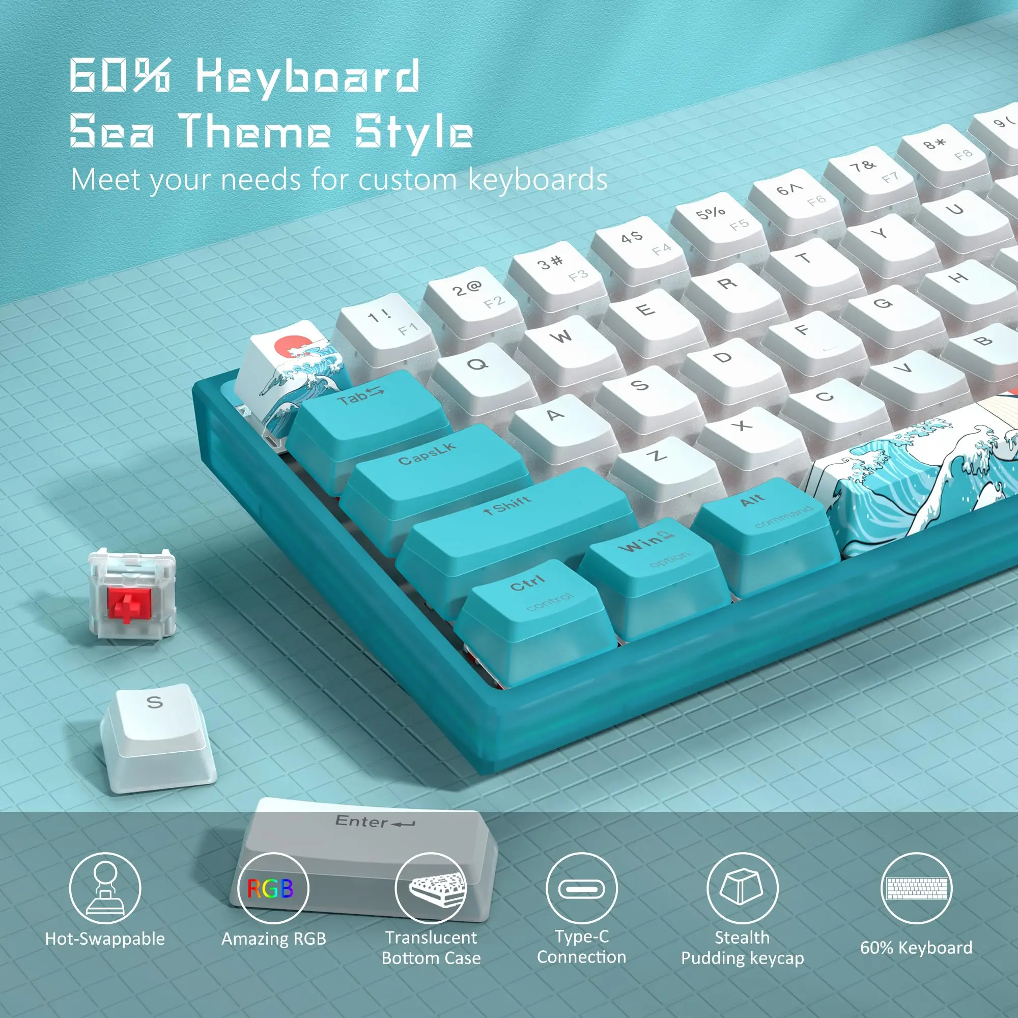 Imagem -02 - Teclado Gaming Wk61 Rgb Wired Hot-swappable Blue Sea Theme Pbt Keycaps para Windows pc Gamers Wk61-mechanical