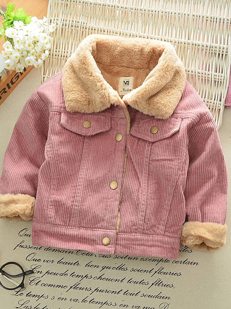 Corduroy Plush Jacket 2023 New Autumn/Winter Boys Girls Thickening Single Breasted Cotton Top Casual Fashion Warm Baby\'s Coat