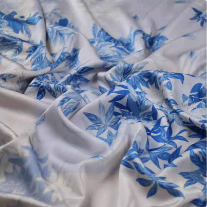 Senior Feeling China Wind Blue Leaves Print Imitate Silk, Satin Fabric, Dress, Han Cloth, Pajamas Handmade Sewing T2181