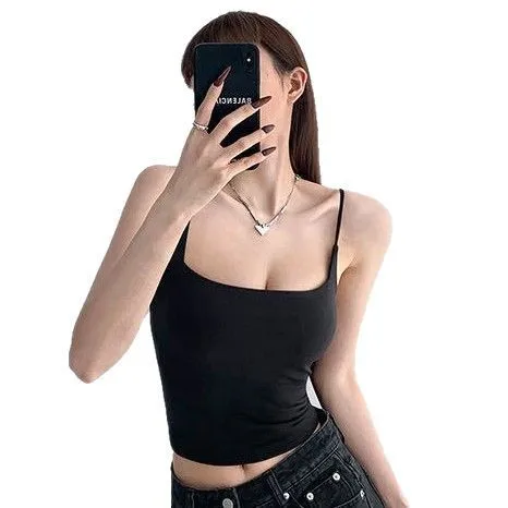 Sexy Lace Splice Backless Long Camisole Women's Integrated Fixed Bra Underwear Strap Vest with Chest Pad Micro Drunken KUCLUT