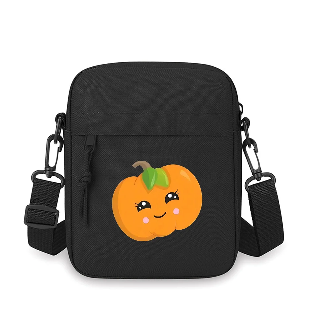 Cute pumpkin face smiling eyes,leaves Men Crossbody Bag Single Shoulder Women Cartoon Anime Film Printing Design Unisex