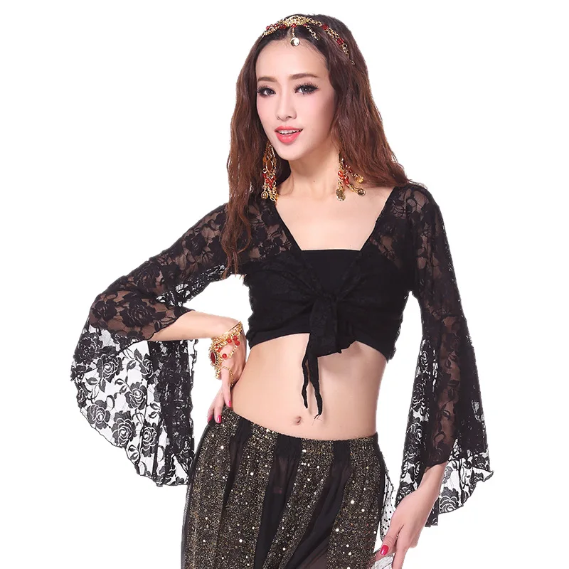 New Belly Dance Top Flared Sleeve Practice Shawl Lace Up Lace Long Sleeve