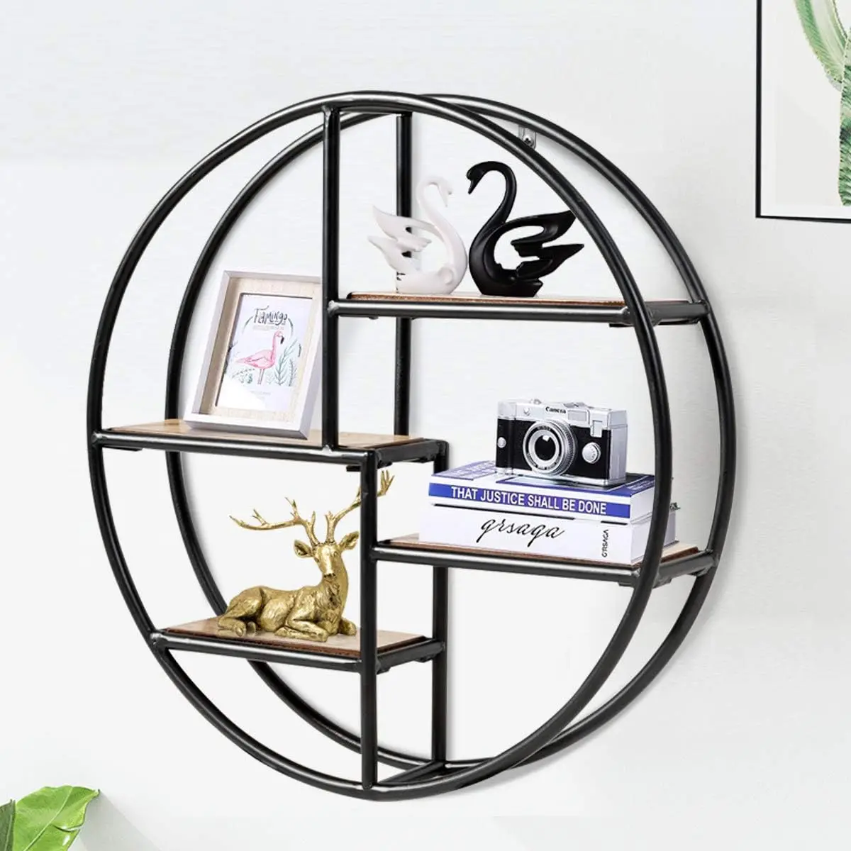 Wood & Iron Wall Hanging Shelves, 4-Tier Circle Shelf Wall Decor for Home Office, Circular Floating Shelves (2, Black)