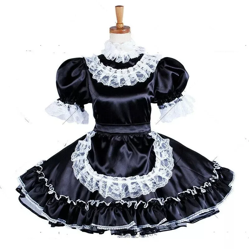 lockable Sissy black Satin lace dress maid cosplay costume customized