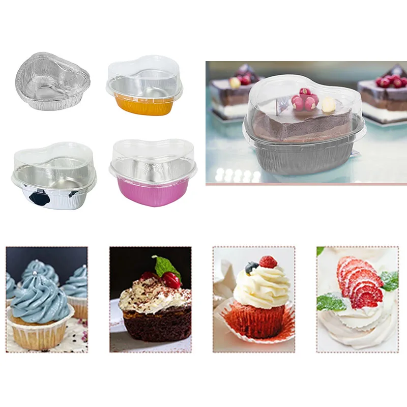 

Heart Shaped Aluminum Foil Cake Baking Cups with Clear Lids Disposable Muffin Cupcake Dessert Containers for Parties Weddings