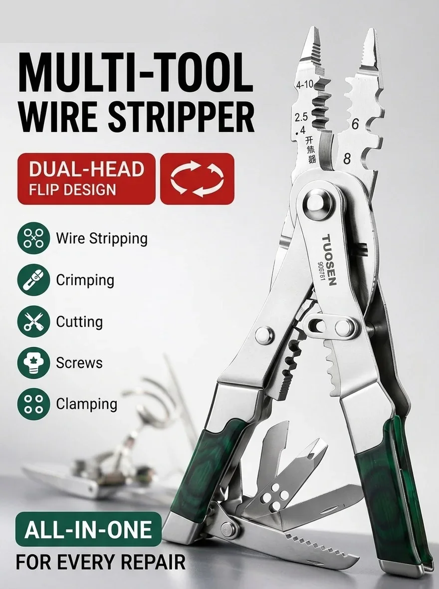 Multi Function Wire Stripper Pliers with Dual Head Design, Crimper Cutter Screwdriver Combo Tool for Electrical Repair and DIY