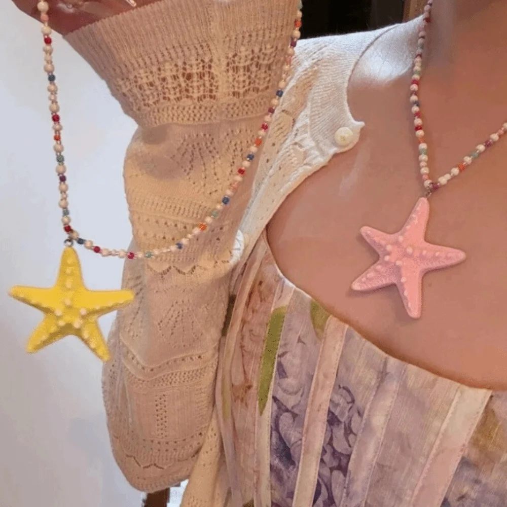 Bohemian Starfish Necklace Beach Surfer Colorful Trendy Beach Necklace Splicing Dopamine Bead Starfish Choker Holiday Choker