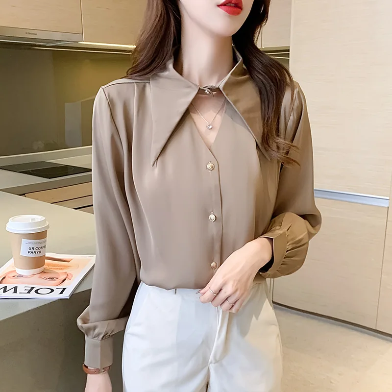 Dames satijnen gladde lange mouwen chic blouse dames elegante button-down effen kleur werk kantoor shirts tops vrouwelijk