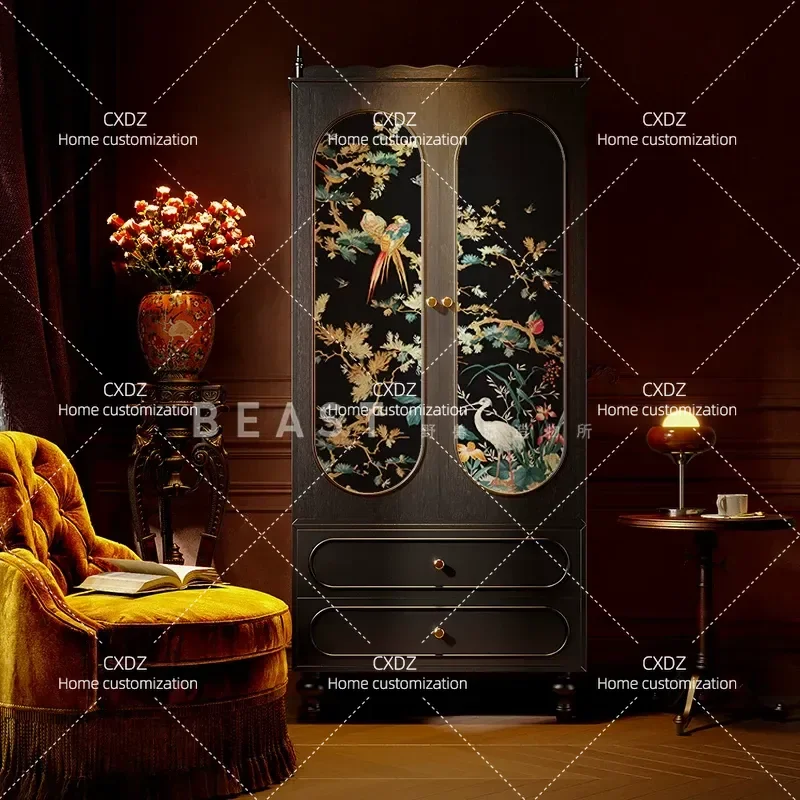 Chinese Style Solid Wood Wardrobe with Flower and Bird Motif Six Drawer Storage Cabinet for Living Room Entrance Household