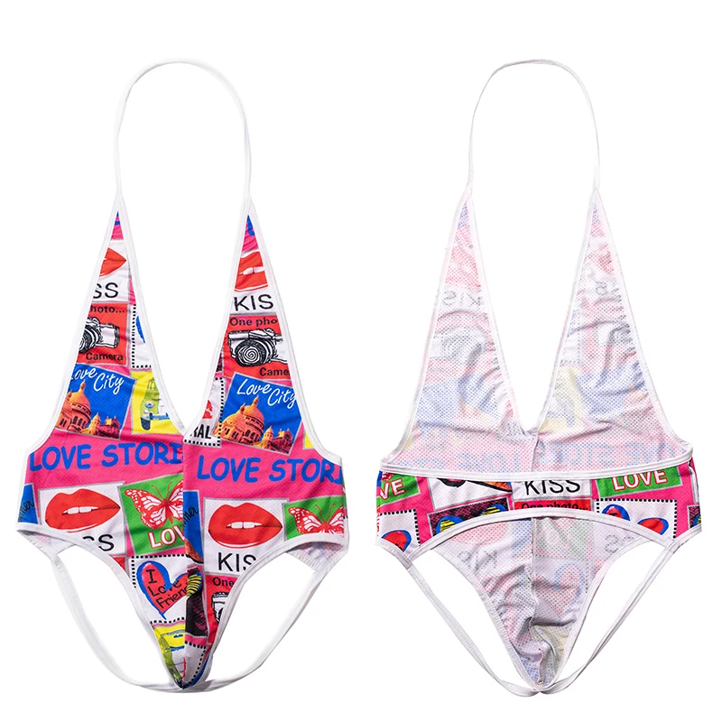 

Мужские эротические трусы-джокстрепы с открытыми ягодицами, с принтом граффити, с открытой спиной, сексуальный комбинезон без спинки