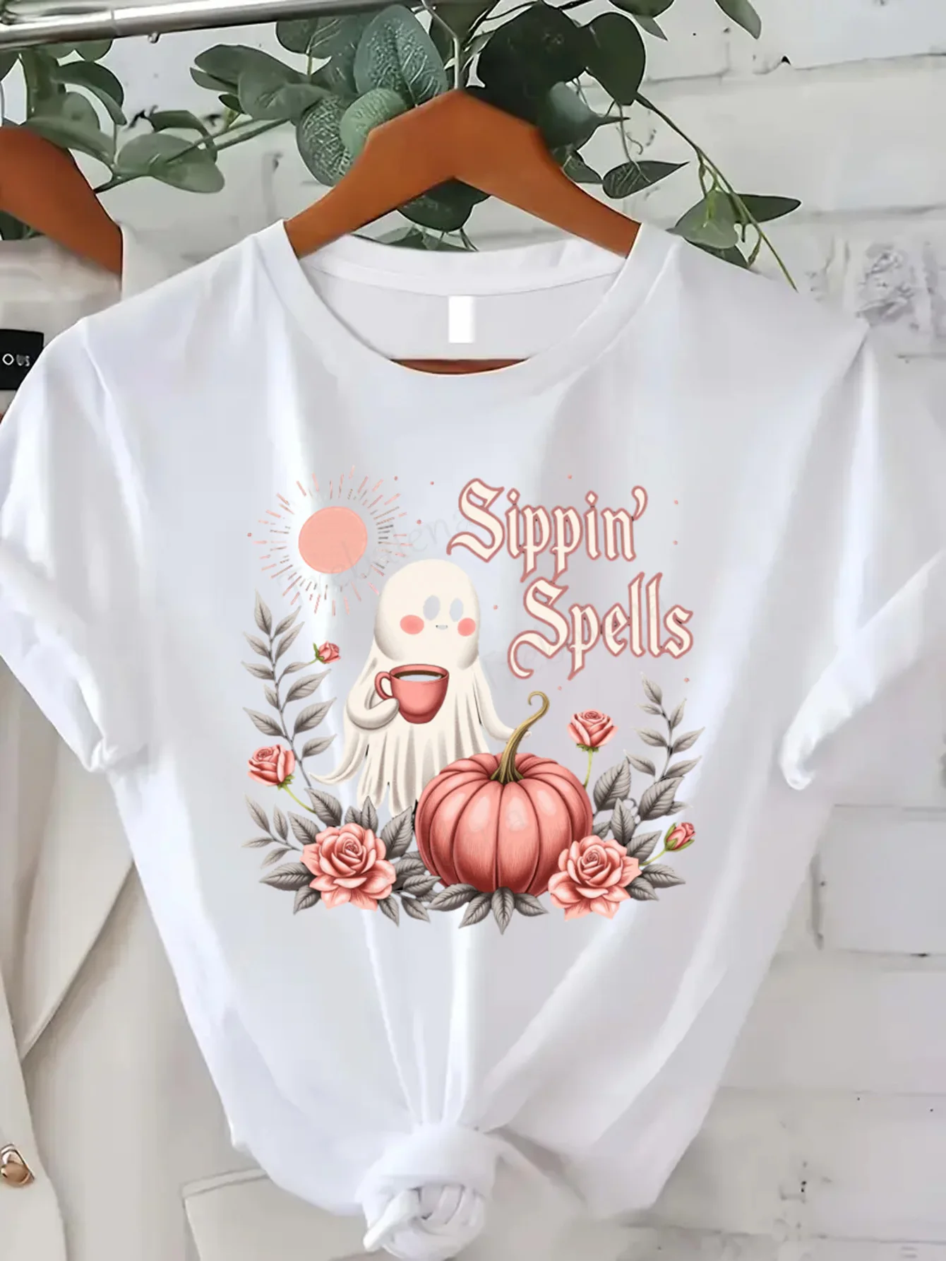 

Round Neck T-shirt Cute Ghost Pumpkin T-Shirt Sippin Spells Halloween Women's Plus Size Top Short Sleeve Tee Fashion Casual Top
