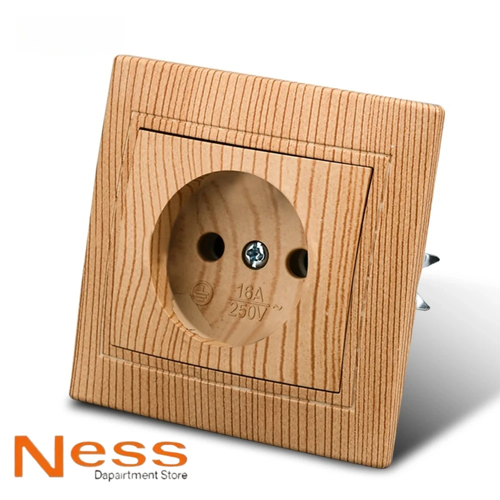 NESS Wood Power Socket European Standard Wall Socket Electrical Outlett Not Ground Embedded Plug Flame Retardant Plastic Panel