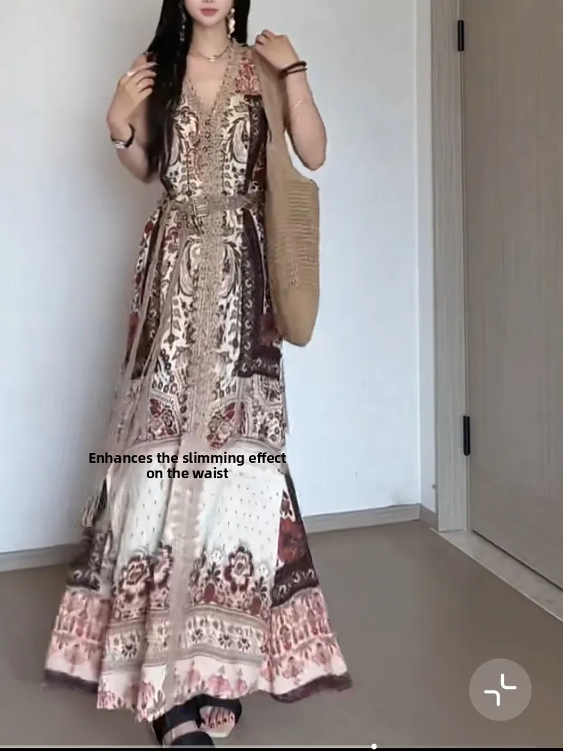Retro n Print Tank Top Maxi Skirt Dr V Ne Slimming Holiday Gown Summer Season High Waist a Line SkirtLong Skirt