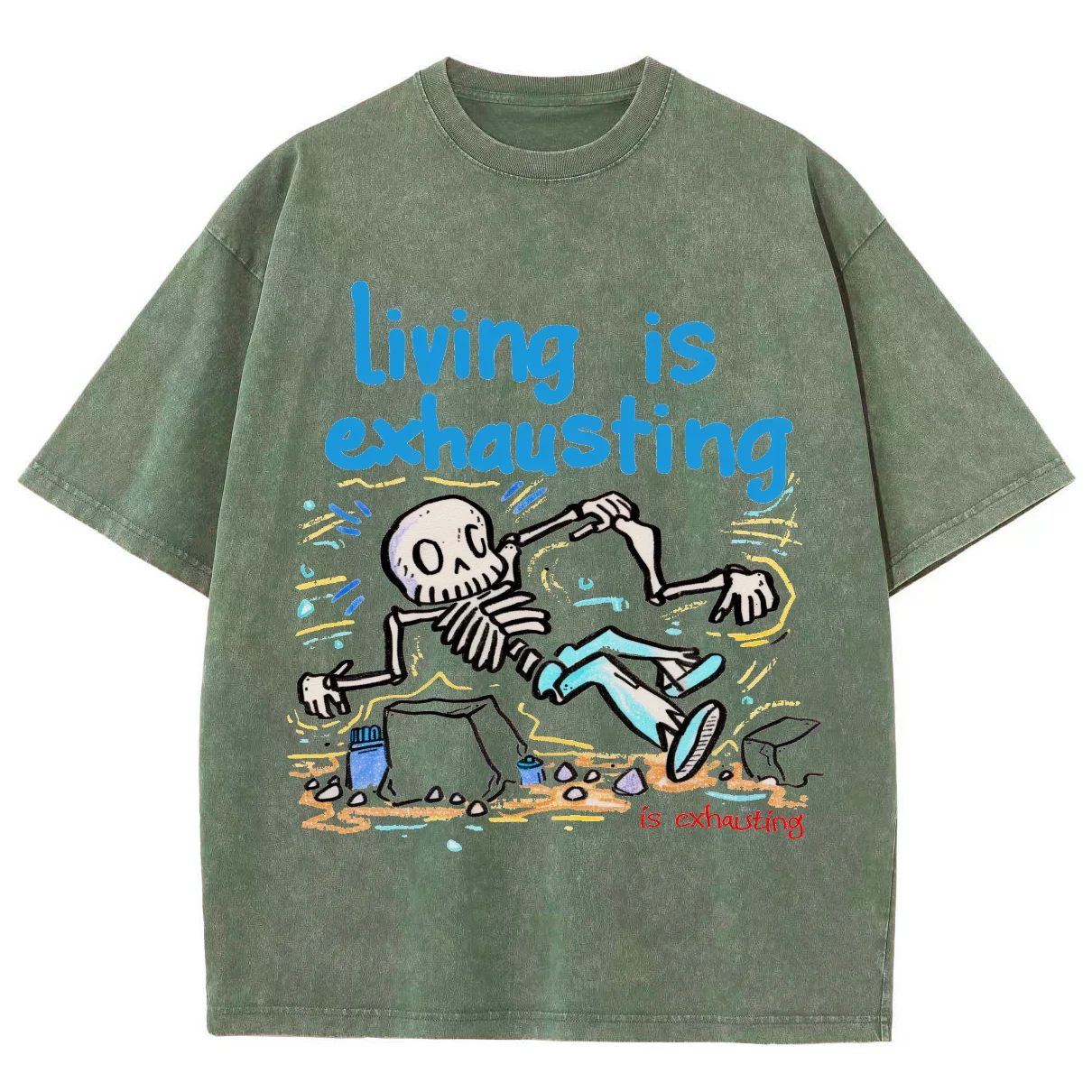 Sad And Scary Skull Bone Print T-Shirt Fashion Designer Trendy New Short-Sleeved High-Gram Weight Round Neck Washed Denim Fabric