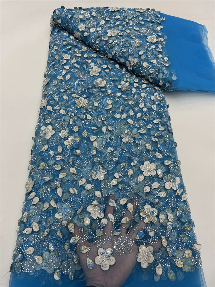 

High-end Heavy Beads Fabric Latest African Luxury White Sequins Groom Embroidery Fabrics French Tulle Lace For Sewing Wedding Zx