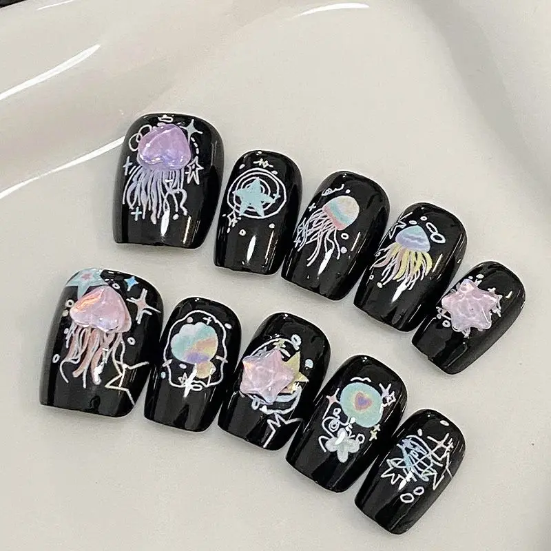10Pcs/1 Set Women Black Jellyfish Butterfly Handmade Cat Eye High-end Press on Nails Short Square Trend Nail Stickers Nail Art