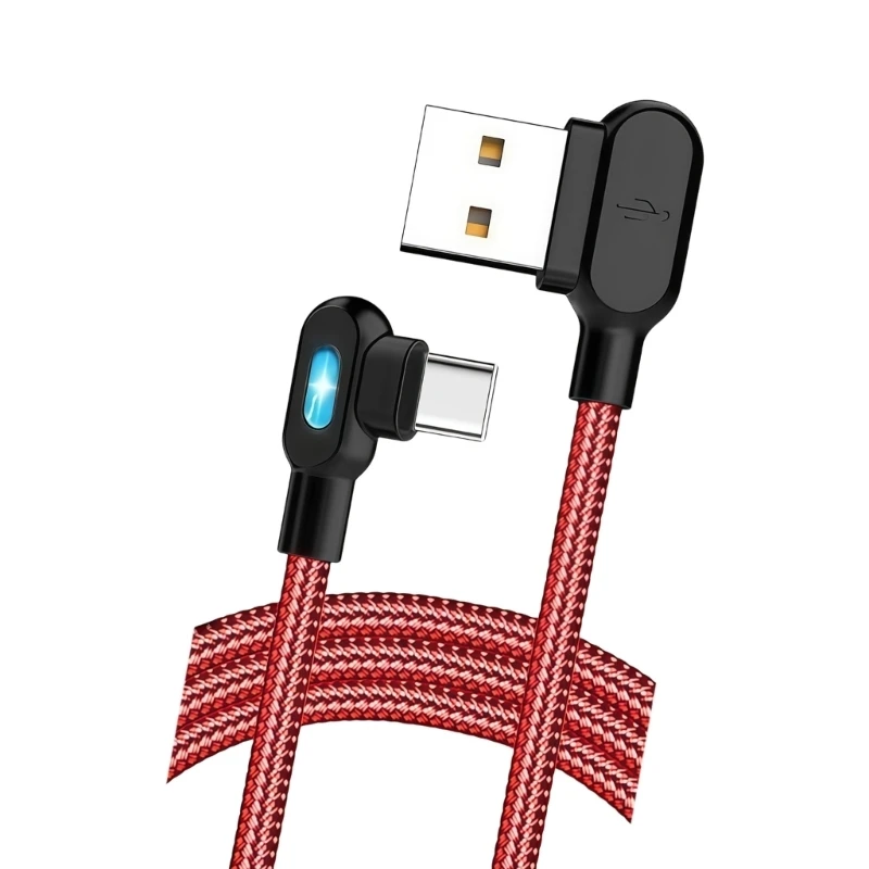 F42D 90 Degree Angled Type C Fast Charging Cable With LED Light For Gaming Data Cord