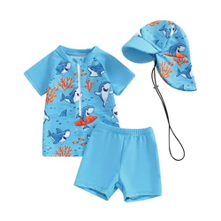 Baby Boys Rash Guard Set, Short Sleeve Shark Tree Print Top with Shorts Hat Swimsuit Summer Swimwear