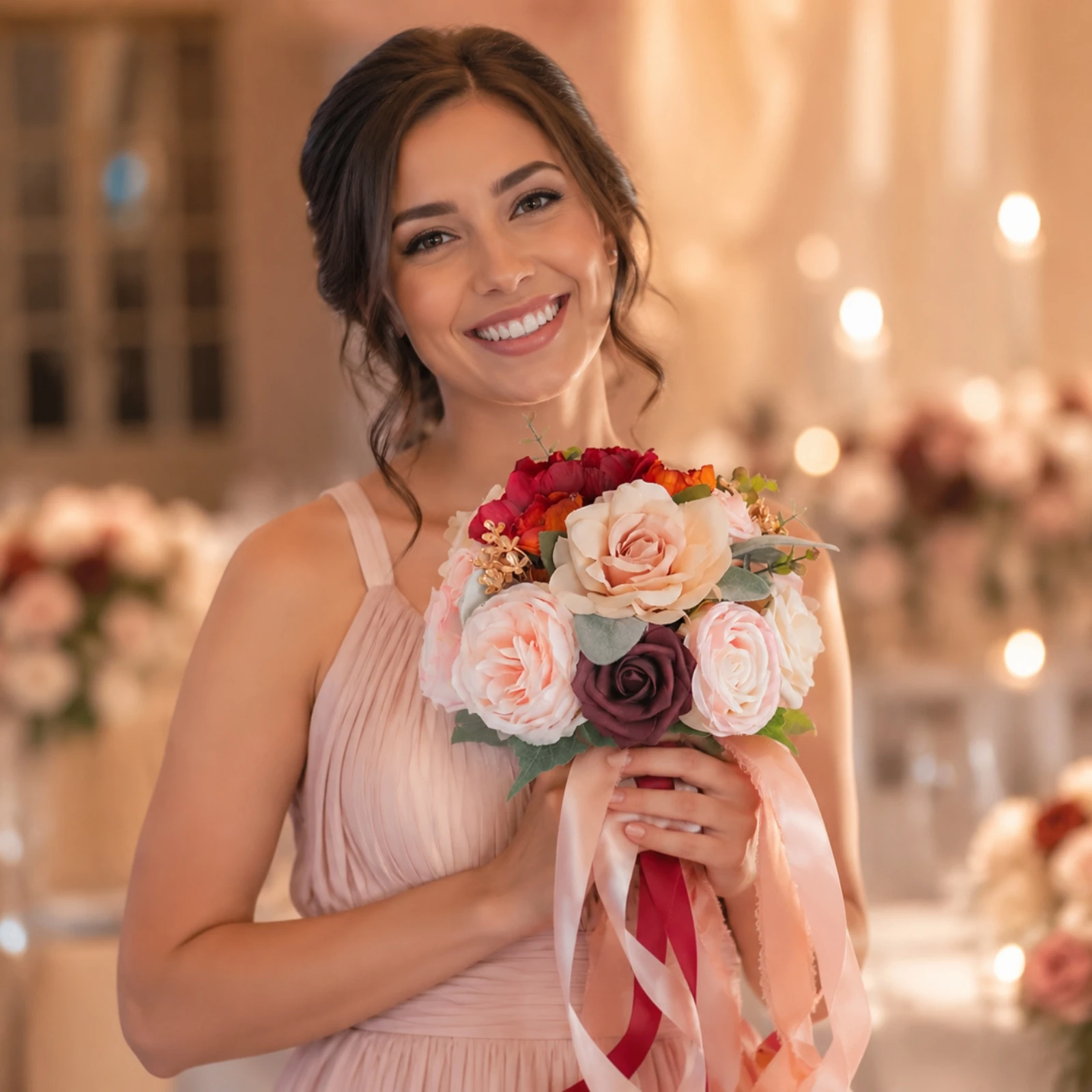 Silk Rose Bouquet with Trailing Ribbons Reusable Layered Flower Bouquet with Decorative Sprigs Artisan Romantic for Brides