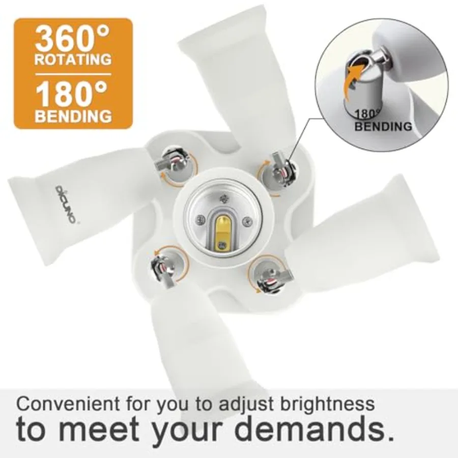 E26 Light Socket Splitter Adapter, Standard Base LED Bulbs Converter, 60 Degrees Adjustable 80 Degree Bendg, 5 Way Bulbs Socket