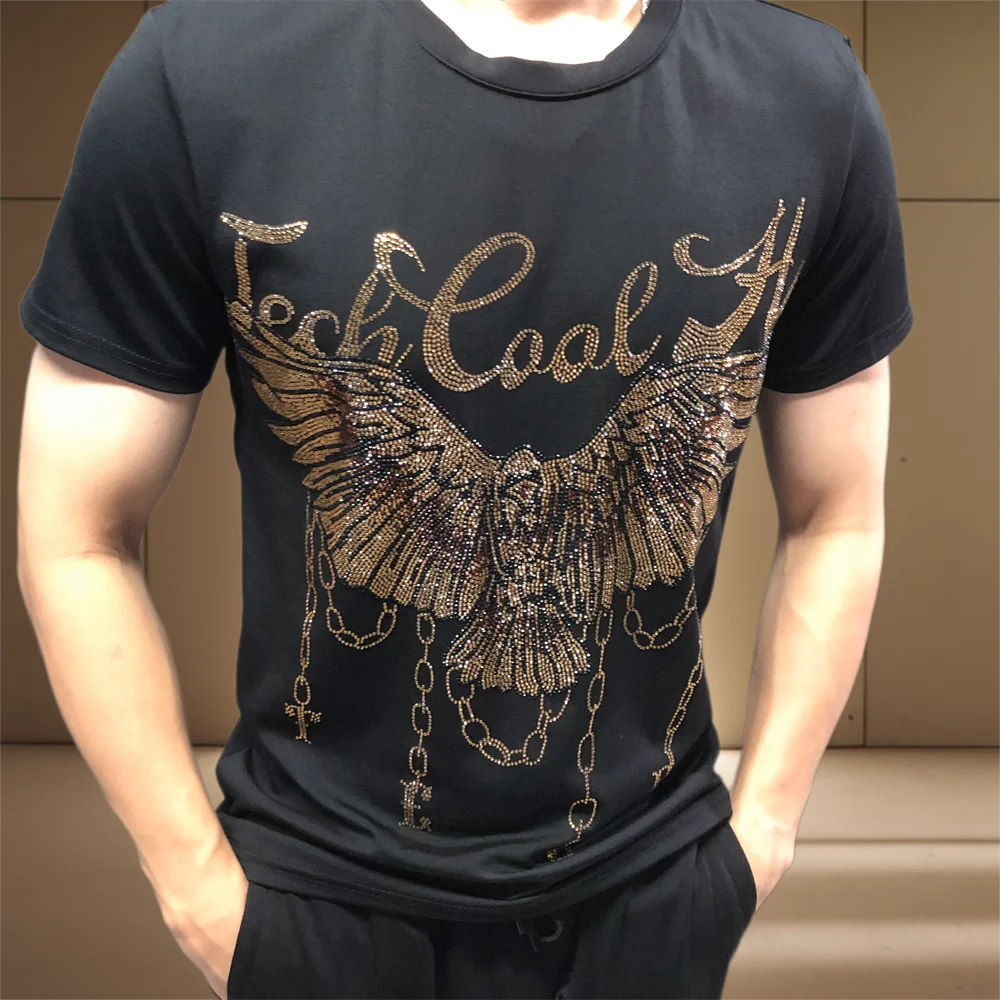 Summer T Shirt Men Rhinestone Eagle Black Gold T-shirt Men Hip Hop O-Neck Short Sleeve Streetwear Luxury Tshirt For Men Clothing