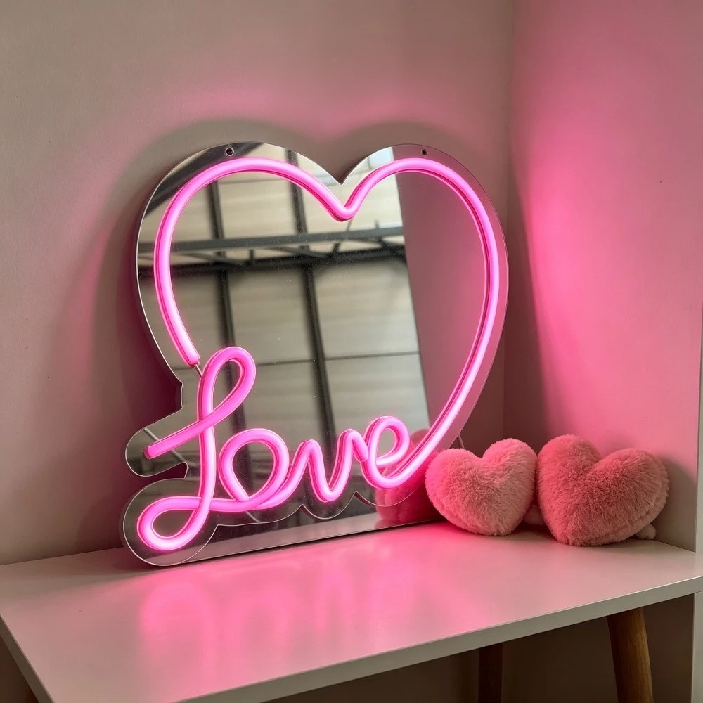 

Heart Love Mirror Neon Sign LED Wall Art USB Dimmable Night Light Aesthetic Decor for Wedding Anniversary Valentine's Day Gift