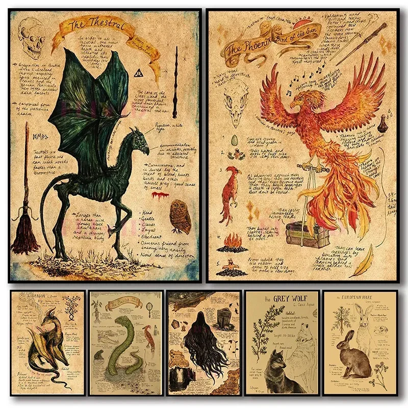 Retro Animal Unicorn Poster Aesthetics Dementor Dragon Wall Art Decoration Magic Monster Halloween Witch Kitchen Home Room De