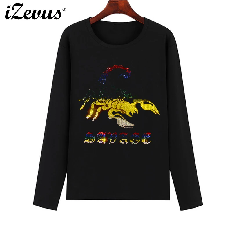 High-quality hot drilling process spring, fall and winter women's casual T-shirt cotton loose T-shirt hot drilling scorpion