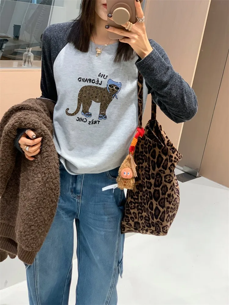 

Женская футболка Feita American Leopard Print с длинными рукавами, повседневная, облегающая, удобная, с круглым вырезом, для осени и зимы