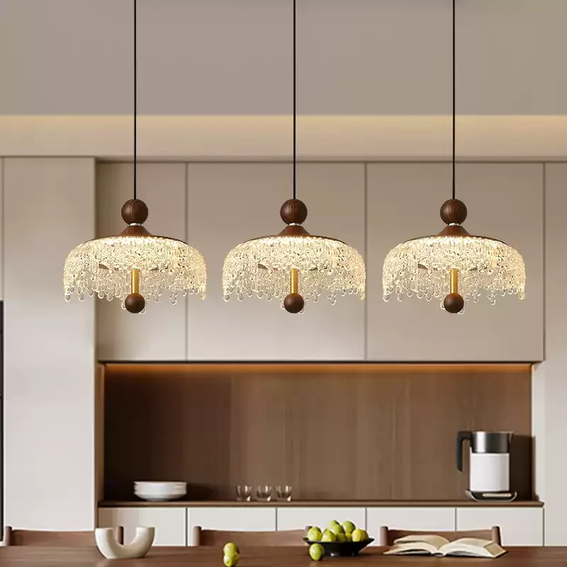 French-style Droplet Restaurant Chandelier, Three-head Long Tray Ceiling Light, Bar Counter Vintage Walnut/black Pendant Lamp
