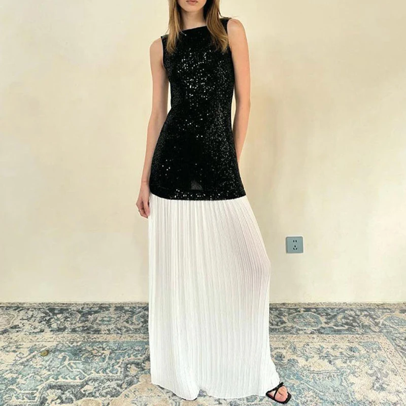 

Fashion Hollow Sleeveless Suspender Dress Black Sequin Patchwork Women Evening Dress Elegant O Neck Backless Pleated Long Dress