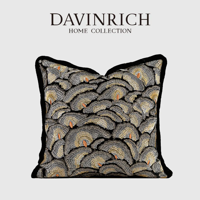 

DAVINRICH Luxuriously Embroidered Cushion Cover Black Gold Peacock Feather Geometry Throw Pillow Case Old Money Style Home Decor