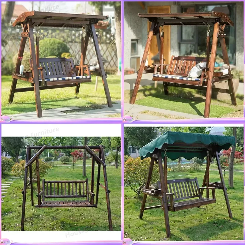 Outdoor Double Hammock Swing Chair Solid Wood Garden Terrace Hanging Seat Two Person Patio Furniture Backyard Relaxation