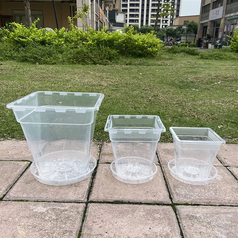 1 Set Clear Plastic Square Plant Pots With Saucer Convenient Design Avoids Water Damage