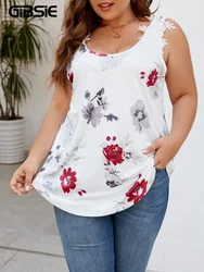 GIBSIE Plus Size Lace Appliques Floral Print Tank Top Women Summer Boho Holiday Sleeveless O-Neck Loose Vest Blouses Tops