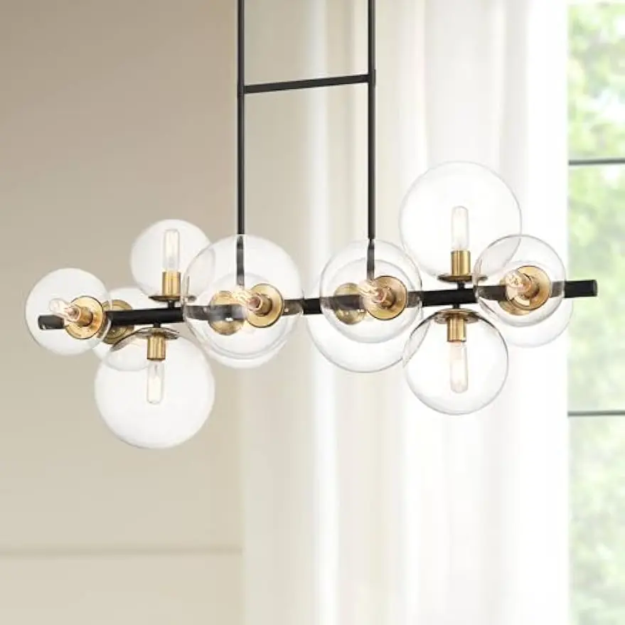 

Possini Euro Design Vasa Matte Black Gold Island Linear Pendant Chandelier 34" Wide Mid Century Modern Clear Glass Globe