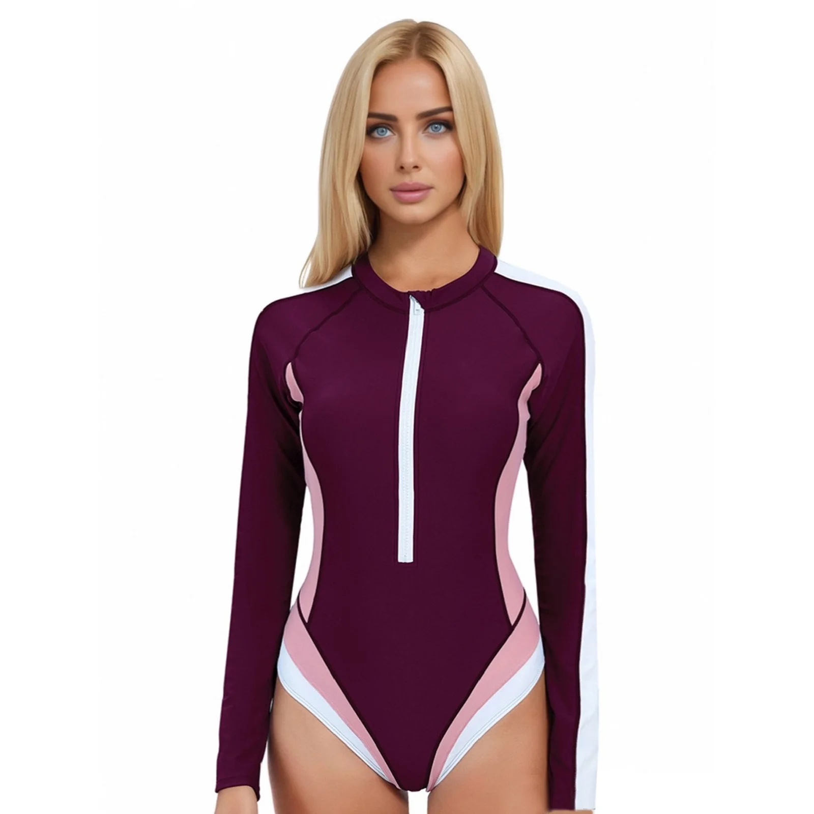 One-Piece Women Fashion Swimsuit Color Block Long Sleeve Front Zipper Bodysuit Summer Surfing Bathing Suit for Pool Beach Party
