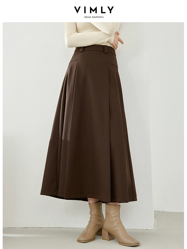 Vimly Black A-line Pleated Skirts for Woman 2023 Winter Thick Elegant Office Ladies Umbrella Maxi Skirt Female Clothing M5599