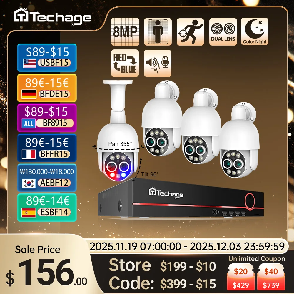 

Techage 8CH PTZ 8MP Dual Lens PoE Security Camera System 8X Zoom 4MP Two Way Audio NVR Human Detect ONVIF Video Surveillance Kit