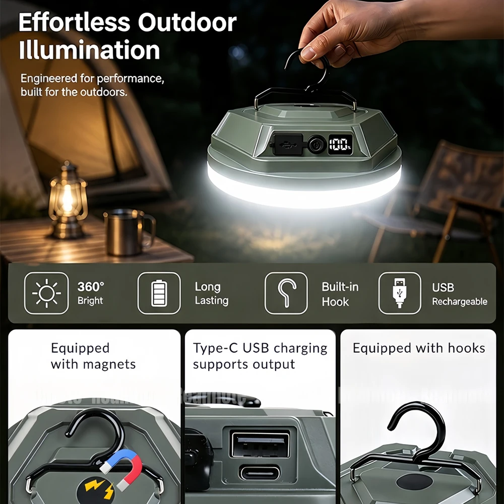 Portable LED Camp Light Dual Color Magnetic Hook USB Rechargeable Tent Lamp With Battery Indicator For Emergency Camping