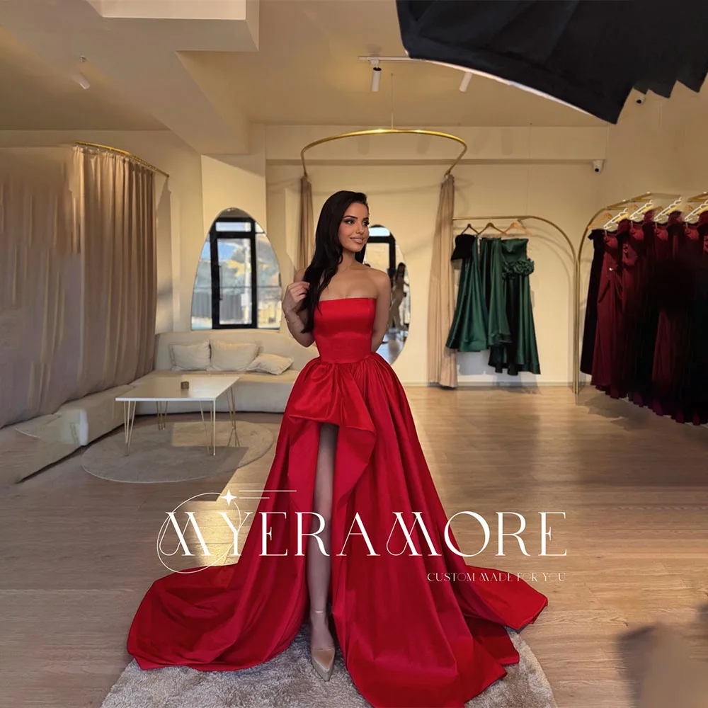 

Sexy Draped A-line Red Evening Dress Elegant Sleeveless Prom Dresses Strapless Side Slit Formal Cocktail Event Gowns Customized
