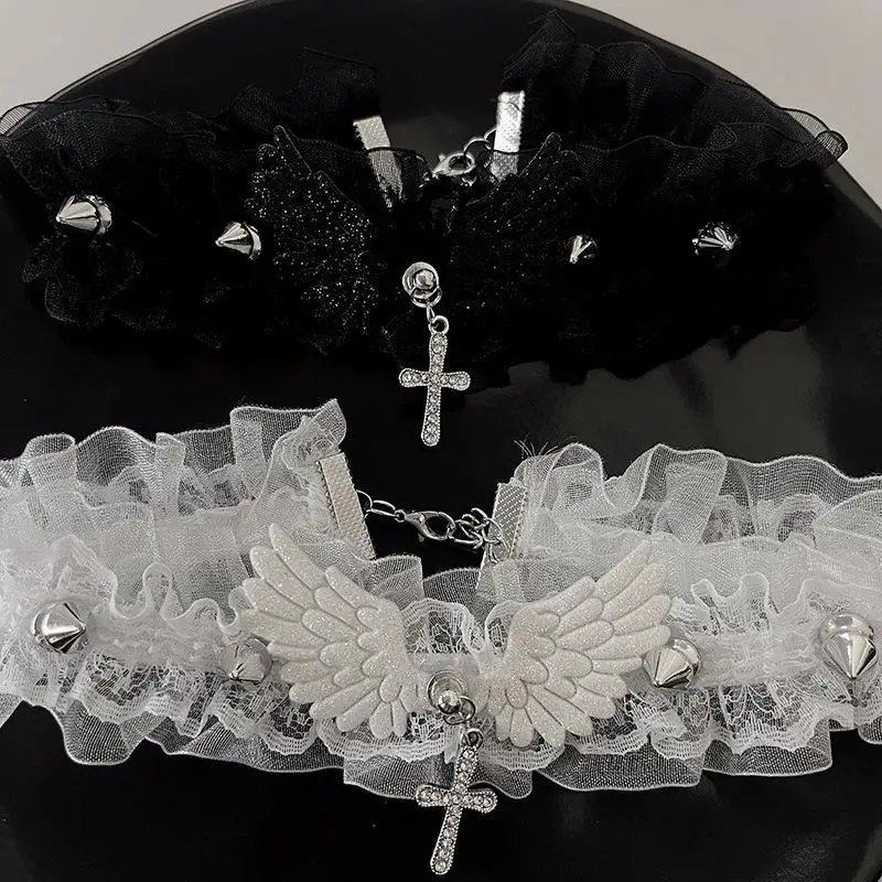 Fashion Women Girls Necklace Solid Color Wide Lace Rivets Lolita Lace Choker Y2K Angel Wings Cool Leather Necklace