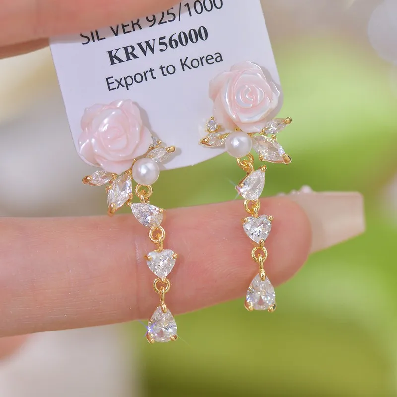 New South Korea Exquisite Camellia Pink Drop Earrings Sweet Fashion Elegant Earrings Women's Jewelry