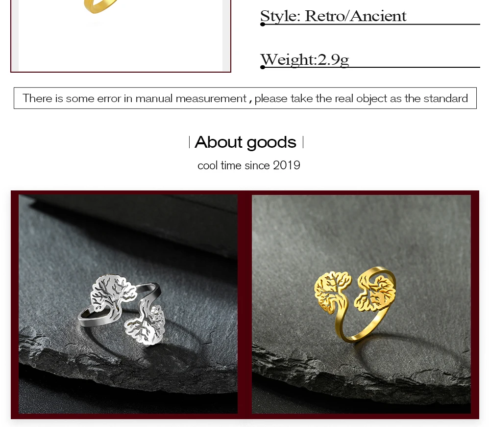 CoolTime Vintage Goldfarbene Damenringe Doppelter Lebensbaum Offener Ring Edelstahl Ausgehöhlter Spiritueller Schmuck Geschenk – Detail 3