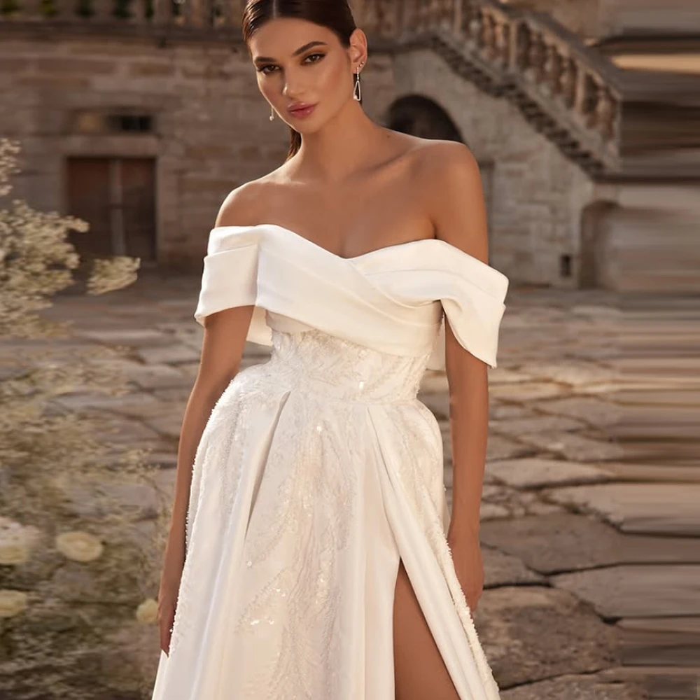 Off The Shoulder High Slit Women Wedding Dresses Sexy A-Line Bridal Gowns Mopping Length Banquet Vestidos De Novias Customized